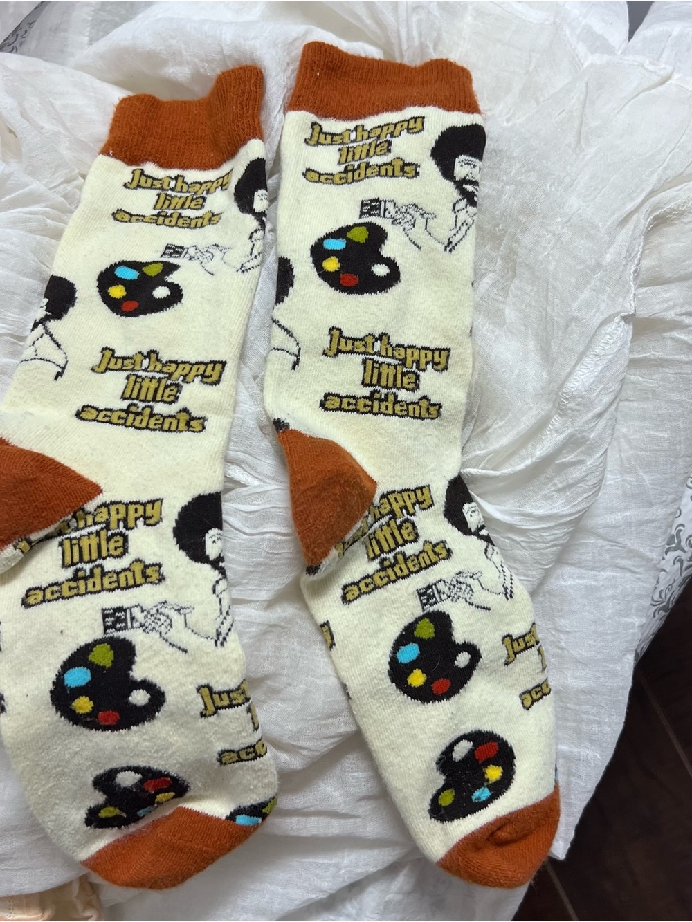 Bob Ross “Just Happy Little Accidents” Cream & Brown Novelty Socks